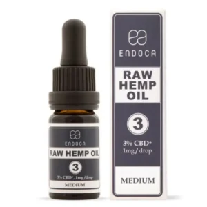 En flaske og en æske Endoca CBD Olie 3%, mærket som medium styrke med 1 mg CBD pr. dråbe.