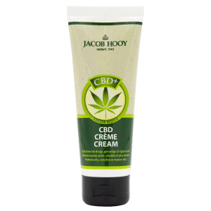 Et rør med Jacob Hooy CBD creme på en hvid baggrund.