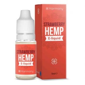 En flaske Harmony E-Væske 100mg CBD – Jordbær (10ml) ved siden af en æske.