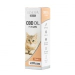 En æske Renova CBD-olie 2,5% til katte (10ml) på hvid baggrund.