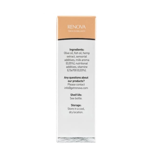 Et rør Renova - CBD-olie 2,5% til katte (10ml) på hvid baggrund.