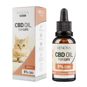 En flaske Renova - CBD olie 5% til katte (30ml) ved siden af en æske Renova - CBD olie 5% til katte (30ml).