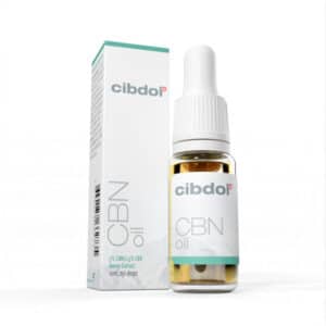 Flaske Cibdol - 5% CBN og 2,5% CBD olie (10ml) ved siden af emballagen med mærkenavnet cibdol.