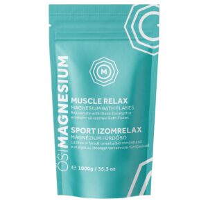 En blågrøn pakke OsiMagnesium - Good Night Magnesium Bath Flakes - Lavendel (1 kg) i en 1000 g (35,3 oz) størrelse, med tekst på engelsk og ungarsk.