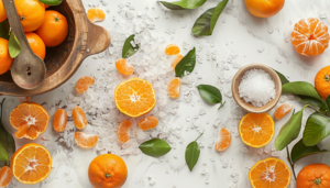 Ja, her er den reviderede sætning: Frisk OsiMagnesium - Good Mood Magnesium Bath Flakes - Sweet Orange (1 kg), nogle halveret og segmenteret, er spredt på en marmoroverflade med isterninger og grønne blade. En træskål og et lille fad med groft havsalt er også synlige.