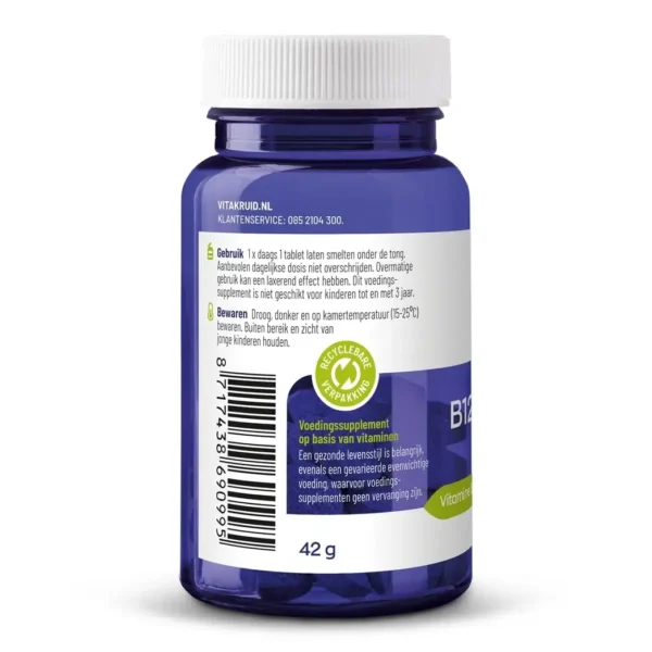 En blå plastikflaske med hvid låg, mærket på hollandsk, indeholdende Vitakruid – B12 Combi 6000® med folat og P-5-P (60 smeltetabletter), et vitamin B12-tilskud.