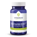 En blå flaske Vitakruid – B12 Combi 6000® med folat og P-5-P indeholder 60 opløselige tabletter, formuleret til at støtte træthedsreduktion og moderskabsbehov.