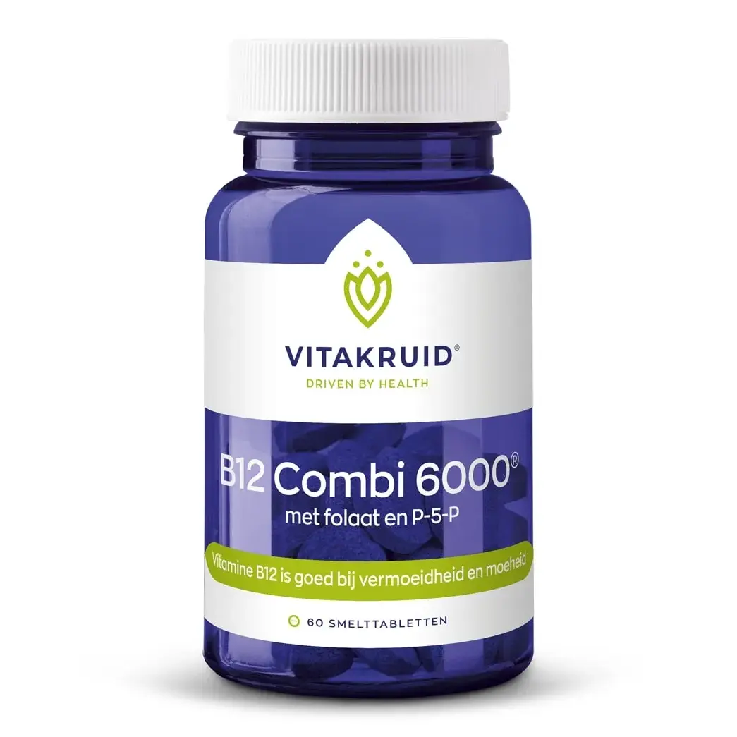 En blå flaske Vitakruid – B12 Combi 6000® med folat og P-5-P indeholder 60 opløselige tabletter, formuleret til at støtte træthedsreduktion og moderskabsbehov.