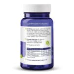 En blå plastikflaske med hvid låg, mærket på hollandsk, viser ingredienser og ernæringsoplysninger for Vitakruid – B12 Combi 6000® med folat og P-5-P (60 smeltetabletter). Et grønt flueben og produktdetaljer er synlige.