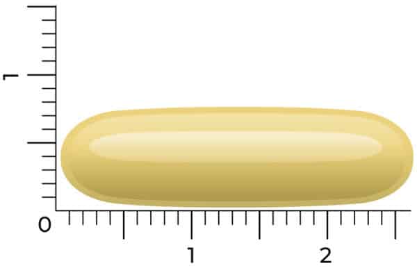 En gul aflang pille af Vitakruid – Fiskeolie Forte (90 stk – 1000mg fiskeolie pr. softgel kapsel) er vist ved siden af en lineal, der måler omkring 2 centimeter lang.