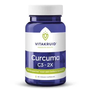 En blå flaske mærket "Vitakruid – Curcuma C3-2X" med 60 veganske kapsler, med tilføjet Bioperine for bedre absorption.