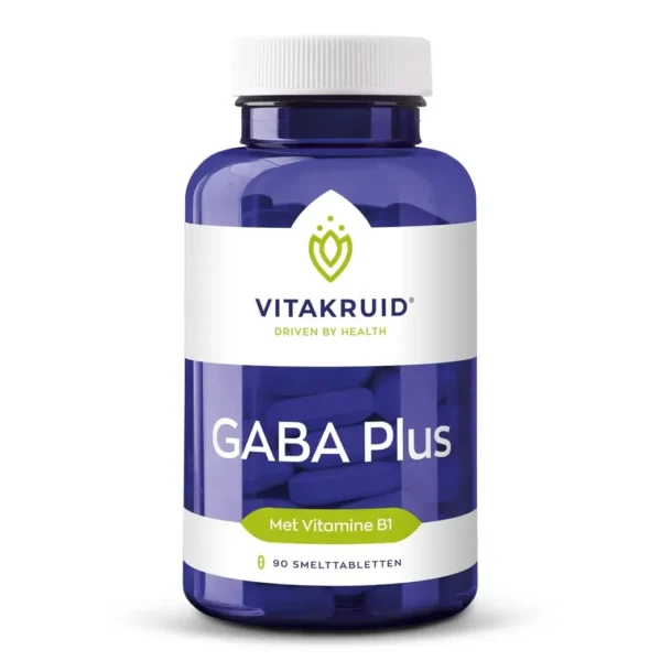 En blå flaske Vitakruid – GABA Plus (90 smeltetabletter).