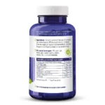 En blå flaske Vitakruid – Bufret Vitamin C® (90 veganske kapsler) med en hvid etiket, der viser kosttilskudsfakta, ingredienser, anbefalet dosering og opbevaringsinstruktioner på hollandsk.