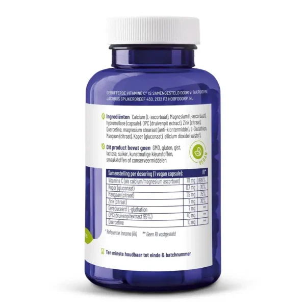 En blå flaske Vitakruid – Bufret Vitamin C® (90 veganske kapsler) med en hvid etiket, der viser kosttilskudsfakta, ingredienser, anbefalet dosering og opbevaringsinstruktioner på hollandsk.