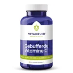 En flaske Vitakruid – Buffered Vitamin C® indeholder 90 veganske kapsler tilsat mineraler og antioxidanter.
