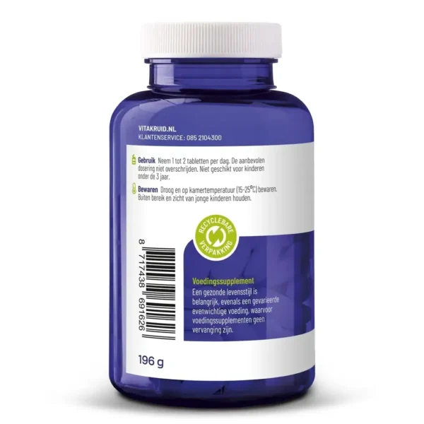 En blå plastikflaske med en hvid hætte mærket på hollandsk som Vitakruid – Magnesium 200 Complex® (90 tabletter), med doseringsinstruktioner, opbevaringsråd og et grønt "genanvendelig emballage"-symbol.