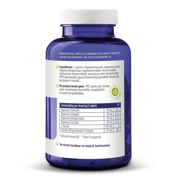 En blå flaske Vitakruid – Magnesium 200 Complex® (90 tabletter) med et hvidt låg, der viser ingredienserne og ernæringsoplysningerne på hollandsk på bagsiden.