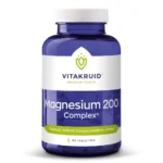 En blå flaske Vitakruid – Magnesium 200 Complex® (90 tabletter), med magnesium som taurin, malat, bisglycinat og citrat.