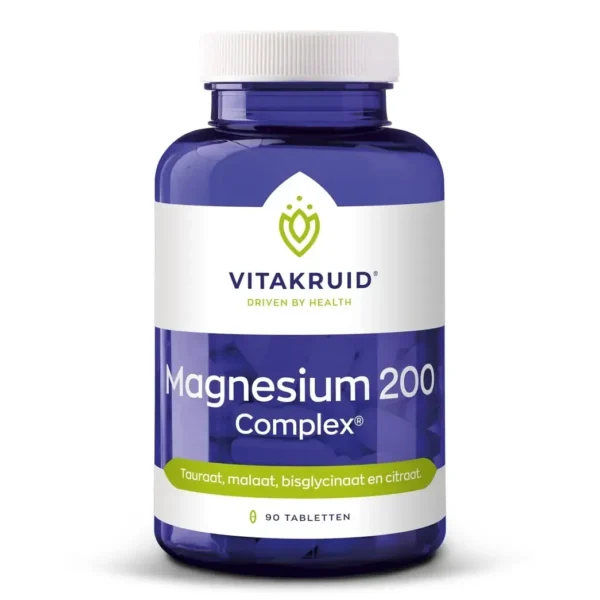 En blå flaske Vitakruid – Magnesium 200 Complex® (90 tabletter), med magnesium som taurin, malat, bisglycinat og citrat.