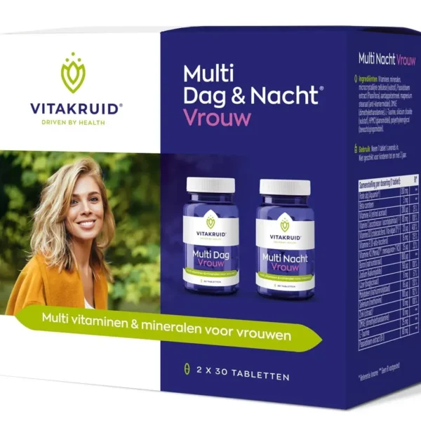 Æske Vitakruid – Multi Dag & Nat® Kvinde (2 x 30 tabletter) multivitaminer, designet til kvinder, med to flasker og en smilende kvinde vist på emballagen.