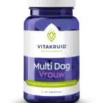 En blå flaske mærket "Vitakruid – Multi Dag & Nat® Kvinde" indeholder 2 x 30 tabletter multivitaminer og mineraler til kvinder.