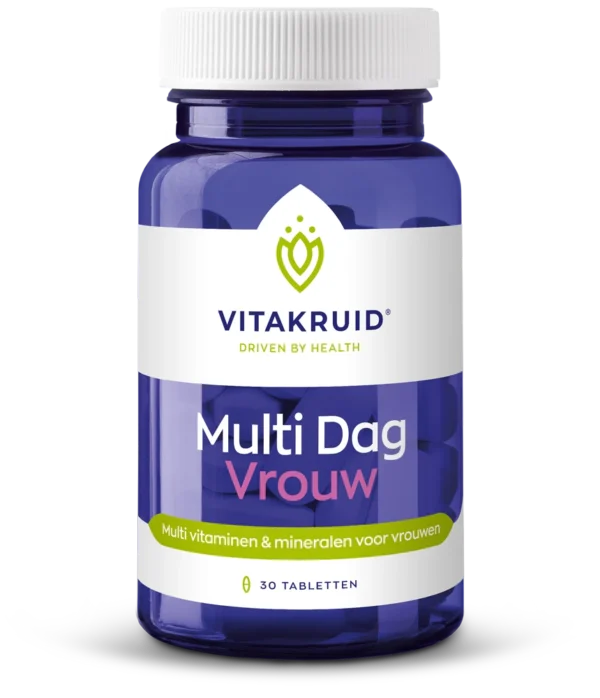 En blå flaske mærket "Vitakruid – Multi Dag & Nat® Kvinde" indeholder 2 x 30 tabletter multivitaminer og mineraler til kvinder.