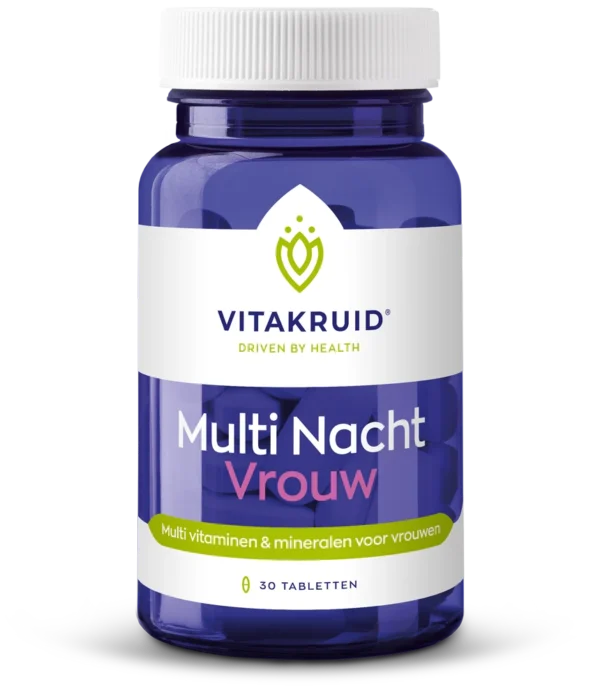 En blå flaske mærket "Vitakruid – Multi Dag & Nat® Kvinde," indeholdende 2 x 30 tabletter multivitaminer og mineraler til kvinder.