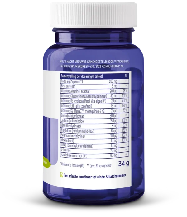 En blå flaske mærket på hollandsk viser ernæringsoplysninger og ingredienser til Vitakruid – Multi Dag & Nat® Kvinde (2 x 30 tabletter) multivitamintilskud.