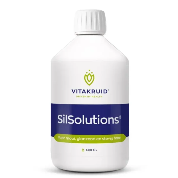 En hvid flaske mærket i blåt og grønt, indeholdende 500 ml Vitakruid – SilSolutions®.