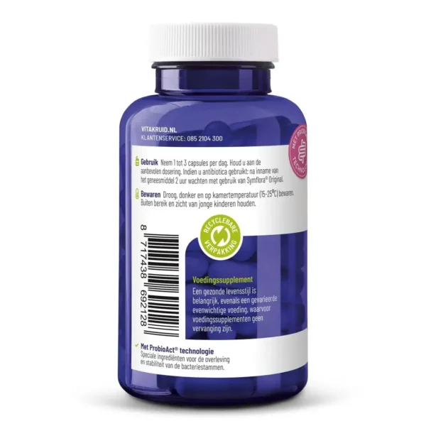 En blå flaske Vitakruid - Symflora® Original (90 vega kapsler) med en hvid låg, hollandsk instruktioner, stregkode og et grønt genbrugssymbol på etiketten.
