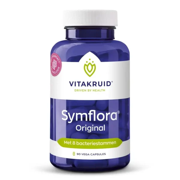 En flaske Vitakruid - Symflora® Original (90 vega kapsler) med 8 bakteriestammer vises på en hvid baggrund.