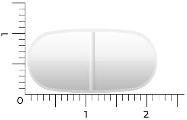En hvid, oval Vitakruid Magnesium 200 Complex® tablet (90 tabletter), med en central delekærv, er vist ved siden af en lineal og måler omkring 2 centimeter i længden.