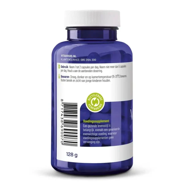 Blå Vitakruid – Fiskeolie Forte flaske (90 stk, 1000mg fiskeolie/softgel) med hvid etiket, der viser brugsvejledning, opbevaringsråd, stregkode, grønt "genanvendeligt emballage"-ikon. Nettovægt: 128 g.