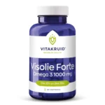 En blå flaske mærket "Vitakruid – Fiskeolie Forte" med 90 softgel kapsler, der hver indeholder 1000mg fiskeolie.