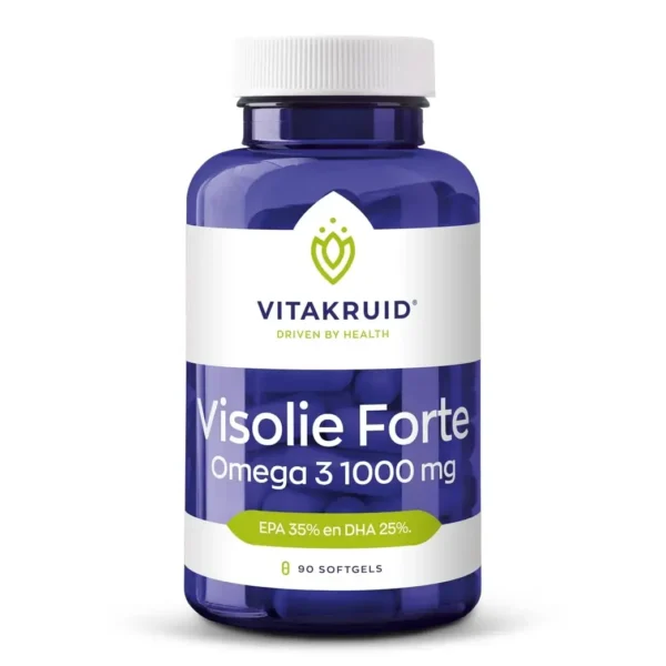 En blå flaske mærket "Vitakruid – Fiskeolie Forte" med 90 softgel kapsler, der hver indeholder 1000mg fiskeolie.