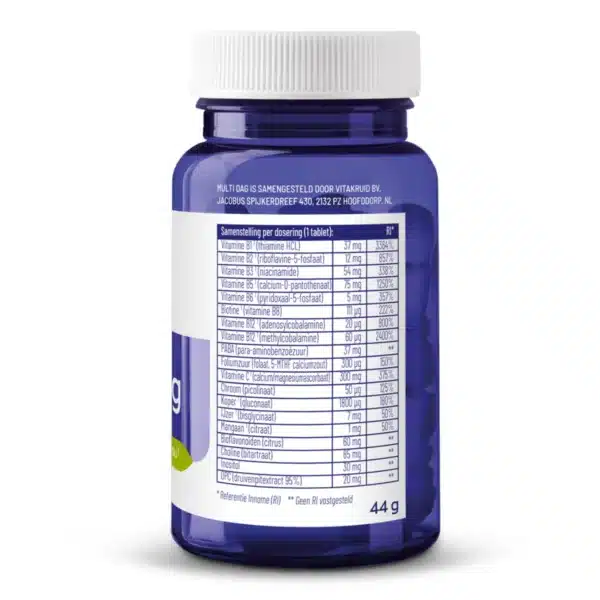 En blå flaske Vitakruid - Multi Dag (30 tabletter) med hvid hætte og en etiket på hollandsk, der viser indholdet af vitaminer og mineraler.
