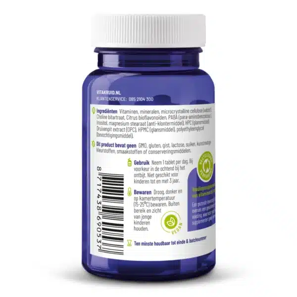 En blå flaske Vitakruid - Multi Dag (30 tabletter) kosttilskud med hvid hætte, med ingredienser, brugsanvisning, opbevaringsanvisning og en stregkode på etiketten.
