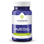 En blå flaske Vitakruid - Multi Dag (30 tabletter); understøtter energiniveauet.