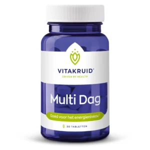 En blå flaske Vitakruid - Multi Dag (30 tabletter); understøtter energiniveauet.