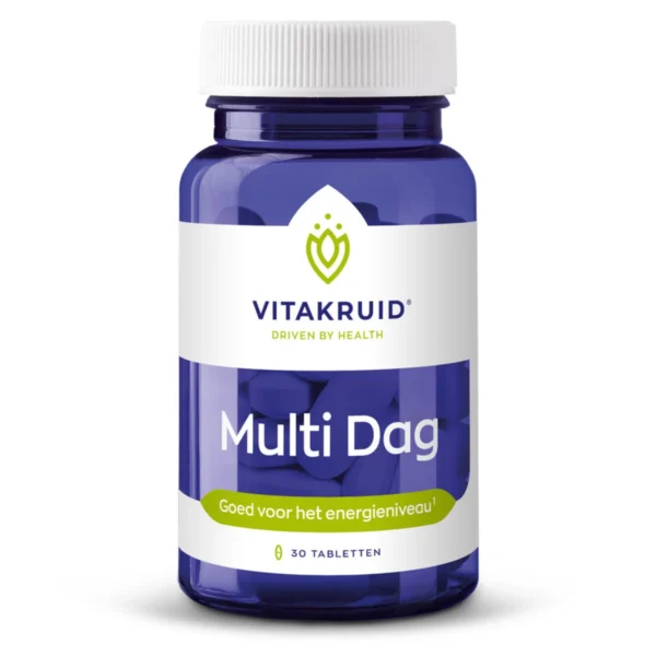 En blå flaske Vitakruid - Multi Dag (30 tabletter); understøtter energiniveauet.