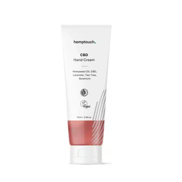 Hemptouch's CBD håndcreme kommer i et 75 ml rør, infunderet med hampefrøolie, lavendel, tea tree og geranium æteriske olier; har et vegansk logo.