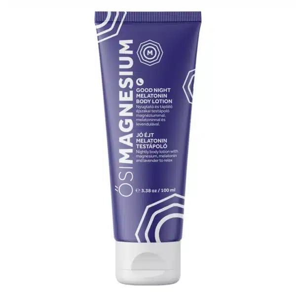 Lilla OsiMagnesium Good Night Melatonin Body Lotion tube (100 ml) med hvid tekst, der beskriver fordele og brug.