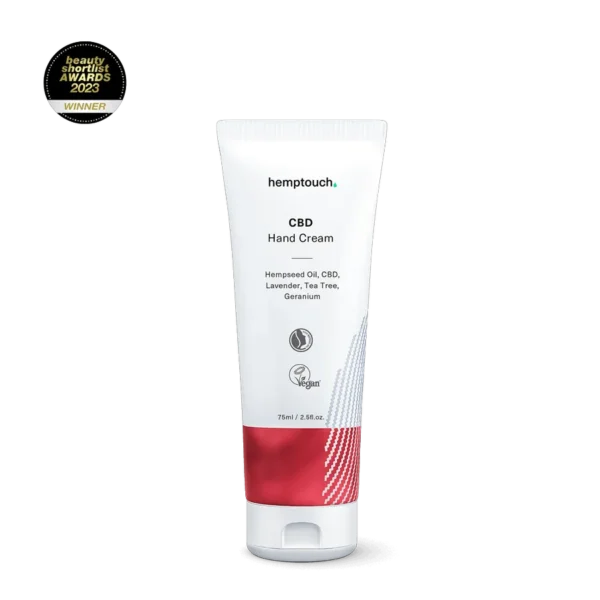 Tube of Hemptouch CBD håndcreme (75 ml) tilsat hampefrøolie, lavendel, tea tree og geranium, tildelt vindermærket "Beauty Shortlist Awards 2023".