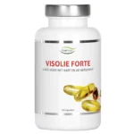 Hvid flaske mærket "Nutrivian Fiskeolie Forte Bløde Kapsler," med gule kapsler. Tekst: "Goed voor het hart en de hersenen," 120 kapsler, mærke Nutrivian.