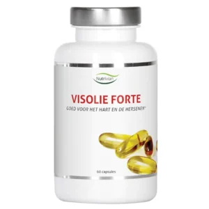 Hvid flaske mærket "Nutrivian Fiskeolie Forte Bløde Kapsler," med gule kapsler. Tekst: "Goed voor het hart en de hersenen," 120 kapsler, mærke Nutrivian.